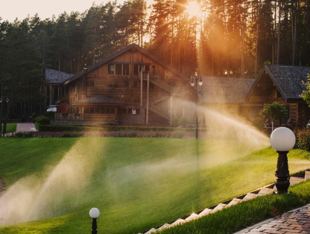 85350004 - watering the lawn near wooden house  on a summer morning
